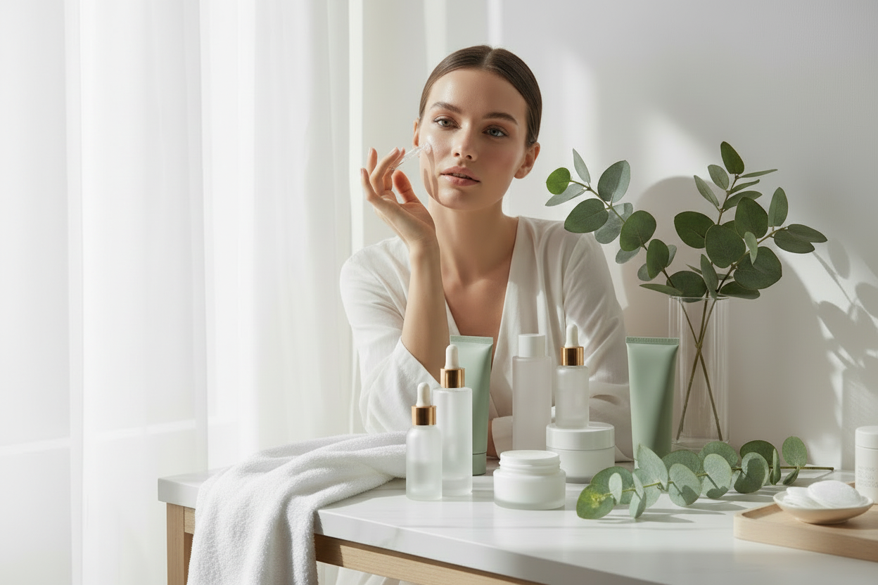 Clean vanity or desk with skincare + lifestyle items